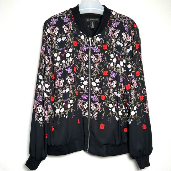 INC Black Floral Print Bomber Style Satin Jacket Pockets Zip Front NWOT - Picture 1 of 8